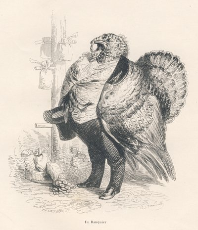 Turkiet som bankir. Vinjetter illustrerade av JJ Granville. Gravyr signerad Tamisier i avsnittet "Minnen av en gammal kråka" skriven av PJ Stahl i "Scener från djurens privata och offentliga liv". Paris, J. Hetzel och Paulin av Grandville