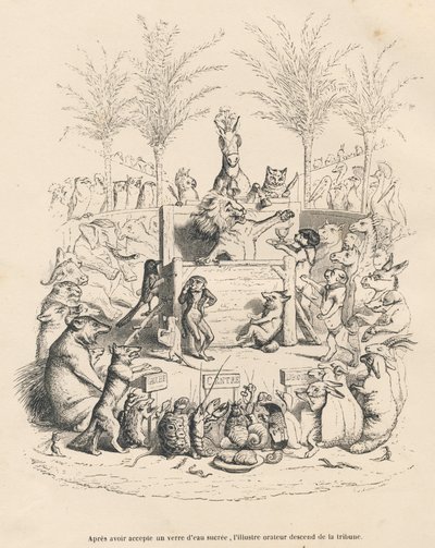 Lejonets politiska tal på en tribun omgiven av alla andra djur. Miniatyrer illustrerade av JJ Granville. Gravyr signerad Godard i prologen med titeln "Parlamentary Summary" skriven av PJ Stahl i "Scenes de la vie privee et publique des an av Grandville