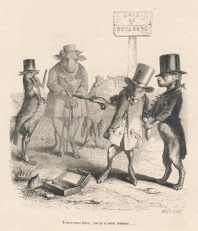 Duell i Bois de Boulogne. Miniatyrer illustrerade av JJ Granville. Gravyr signerad Breviere i delen "Berättelsen om en hare" skriven av PJ Stahl i "Scener ur djurens privata och offentliga liv". Paris, J. Hetzel och Paulin av Grandville
