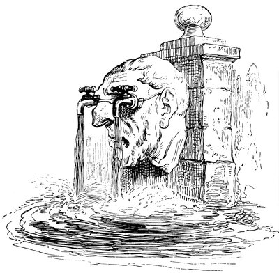 Brunnen mit dem Giebel eines menschlichen Kopfes: Die Brille des Mannes sind Wasserhähne, aus denen Wasser fließt. Detail einer Gravur von Grandville (Jean Ignace Isidore Gerard) von Grandville (1803-47)