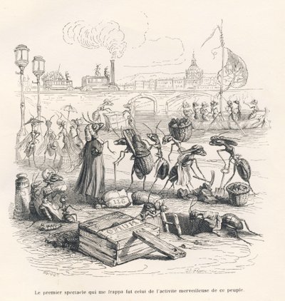 Myror i full aktivitet vid Seines strand. Miniatyrer illustrerade av JJ Granville. Gravyr signerad Porret i delen med titeln "En sparvs resa från Paris" skriven av George Sand i "Scener från djurens privata och offentliga liv". Paris, av Grandville