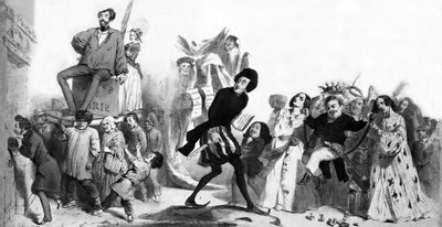 Französische romantische Schriftsteller (Alfred de Vigny, Victor Hugo, Alexandre Dumas der Ältere, Honoré de Balzac) wollen in die Französische Akademie eintreten, aber die Türen sind verschlossen, Gravur von Grandville (1803-47)