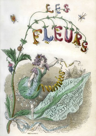Frontispiz des Buches „Les Fleurs animées“, illustriert von Grandville, kolorierte Gravur mit Schablone. Gonet Edition 1857 von Grandville (1803-47)