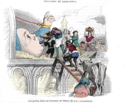 Gargantua karaktär av romanerna av Francois Rabelais (1483-1553), fransk författare: "" Utbildningen av Gargantua""" Gargantua i sin vagga. Illustration av Gerard Grandville (1803-1847) 1800-talet av Grandville