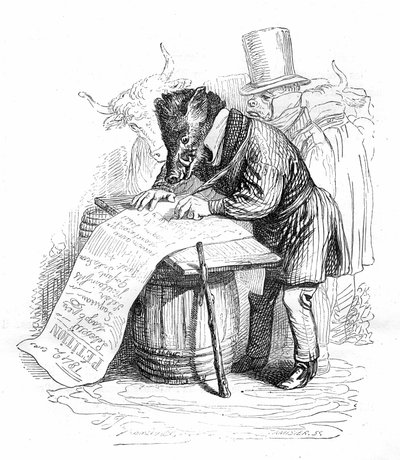 Grandville-Gravur aus dem Buch „Privates und öffentliches Leben der Tiere“ (Les animaux peints par eux-mêmes), Hetzel-Ausgabe 1867 - Karikatur: Wildschwein schreibt eine Petition. von Grandville (1803-47)