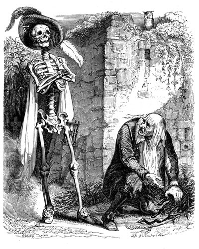 Der Tod und der Holzfäller: Fabel von La Fontaine, illustriert von Grandville. von Grandville (1803-47)