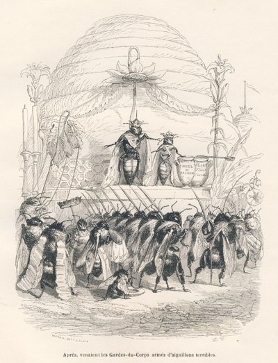 Drottningen och hennes armé. Miniatyrer illustrerade av JJ Granville. Gravyr signerad Andrew, Best och Leloir i delen med titeln "En sparvs resa från Paris" skriven av George Sand i "Scener från djurens privata och offentliga liv". Paris, J. av Grandville