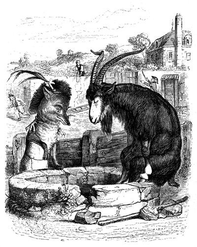 Le fox et le goat: fabel av La Fontaine illustrerad av Grandville. av Grandville (1803-47)