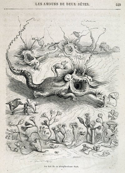Les amours de deux beêtes (brantjakt av monster) - i "" Djur målade av dem själva: djurens privata och offentliga liv"" av Grandville, kapitel av Honoré de Balzac, red. Hetzel av Grandville