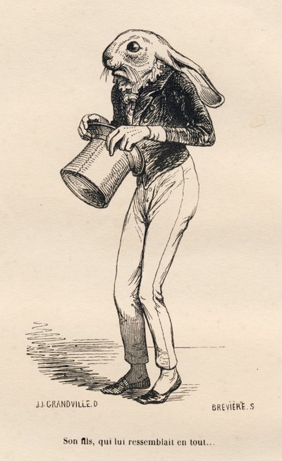 Fega Lievre i dandy kostym. Vinjetter illustrerade av JJ Granville. Gravyr signerad Breviere i delen "History of a Hare" skriven av PJ Stahl i "Scener av djurens privata och offentliga liv". Paris, J. Hetzel och Paulin av Grandville