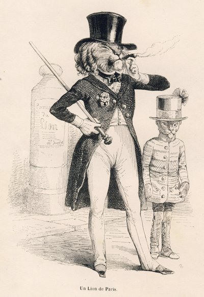 Lejon av Paris. Vinjetter illustrerade av JJ Granville. Gravyr signerad Andrew, Best och Leloir i delen med titeln "Voyage of an African lion in Paris" skriven av Honore de Balzac i "Scener av djurens privata och offentliga liv". Paris, J. Hetzel och av Grandville