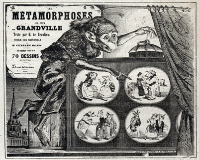 Litteratur. The Daily Metamorphosis, av karikatyrtecknaren Jean Jacques Grandville. Affisch, Frankrike av Grandville