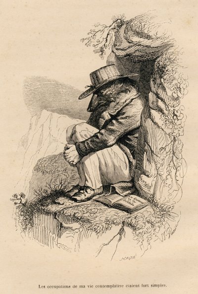 Loup förankrade sig i sin kontemplativa ensamhet. Miniatyrer illustrerade av JJ Granville. Gravyr signerad Caque i delen med titeln "Björnen eller brevet skrivet från berget" skrivet av L. Baude i "Scener från djurens privata och offentliga liv". Paris, J. av Grandville