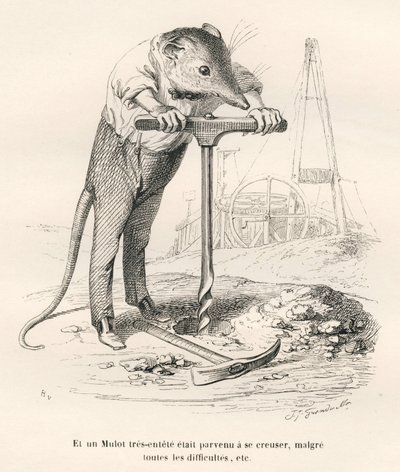 Mulot perforerar marken. Illustrerade vinjetter av JJ Granville. Gravyr signerad Breviere i delen "Souvenirs d