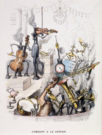 Musiker förvandlades till maskiner och ger en "" Concert à la steam"" - i "" Un autre monde"" av Grandville, sent 1800-tal. av Grandville