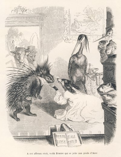 Opera med ett piggsvin, en hund och en häger på scenen. Vinjetter illustrerade av JJ Granville. Gravyr signerad Godard i delen med titeln "Den första pistolserien" skriven av Jules Janin i "Scener av djurens privata och offentliga liv". av Grandville