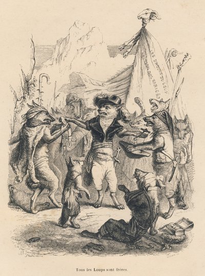 Vargarnas revolution och vargens frihet och rättigheter. Illustrerade vinjetter av JJ Granville. Gravyr signerad Godard i delen "Voyage d