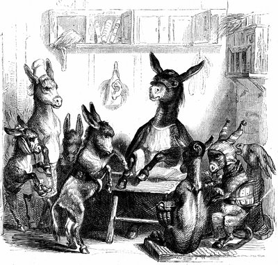 Szene aus "Les animaux peints par eux-memes - Vie privee et publique des animaux" geschrieben von Balzac von Grandville (1803-47)