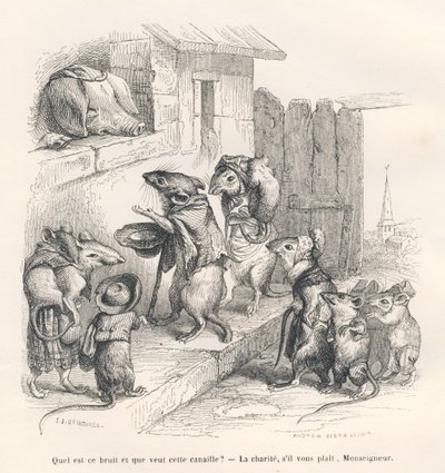 Mus som ger välgörenhet till en gris. Vignetter illustrerade av JJ Granville. Gravyr signerad Andrew, Best och Leloir i delen "Le rat philosophe" skriven av Edouard Lemoine i "Scenes de la vie privee et publique des animaux". Paris, J. Hetz av Grandville