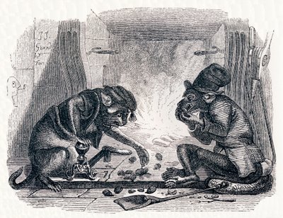 Åsnan och katten (Le singe et le chat) - Fabler av La Fontaine av Grandville