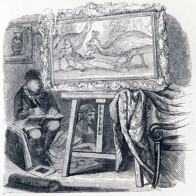 Jay pryder med påfågelfjädrar (Le geai pare des plumes du paon) - Fables av La Fontaine av Grandville