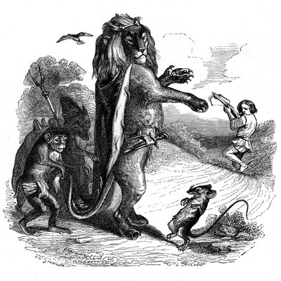 Der Löwe und die Ratte: La Fontaine Fabel illustriert von Grandville von Grandville (1803-47)