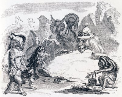Lejonet, vargen och räven (le lion, le loup et le renard) - Fabler av La Fontaine av Grandville