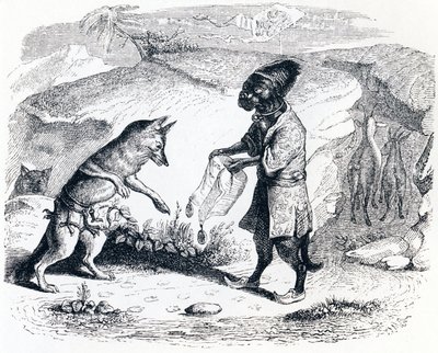 Det sjuka lejonet och räven (Le lion malade et le renard) - Fabler av La Fontaine av Grandville