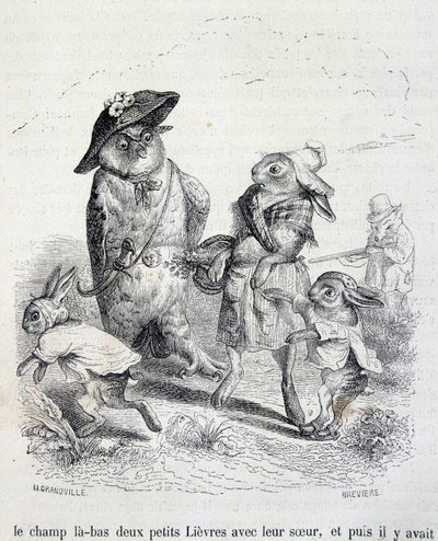 De två små hararna, deras syster och ugglan - vid Grandville av Grandville