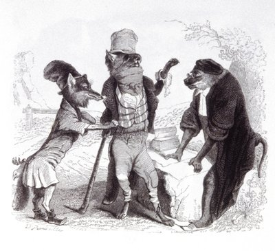 Vargen vädjar mot räven framför apan av Grandville (1803 47)