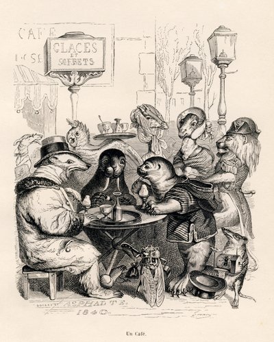 Ett kafé som besöks av alla slags djur. Miniatyrer illustrerade av JJ Granville. Gravyr signerad Godard i delen med titeln "Resan för ett afrikanskt lejon till Paris" skriven av Honore de Balzac i "Scener från djurens privata och offentliga liv". P av Grandville