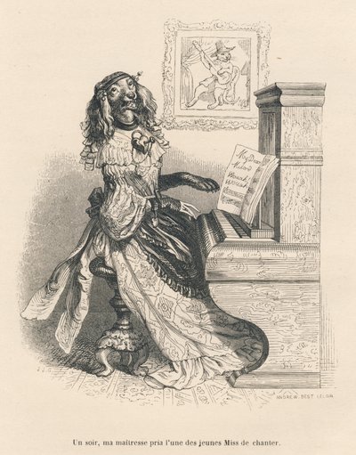 En hund som sjunger vid pianot. Vinjetter illustrerade av JJ Granville. Gravyr signerad Andrew, Best och Leloir i delen med titeln "Court sentences of an English cat" skriven av Honore de Balzac i "Scener av djurens privata och offentliga liv". Paris av Grandville