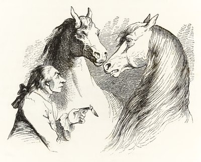 Gulliver samtalar med talande hästar i Houyhnhnms Land från Gullivers Travels av Jonathan Swift av Grandville