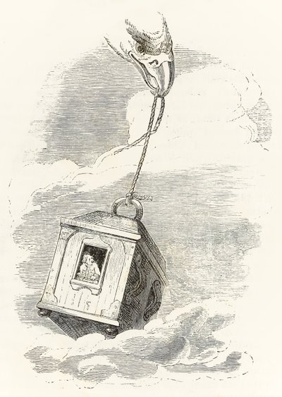 Gulliver flyr Brobdingnag när hans låda grips av en örn som tappar den i havet, från Gullivers Travels av Jonathan Swift av Grandville