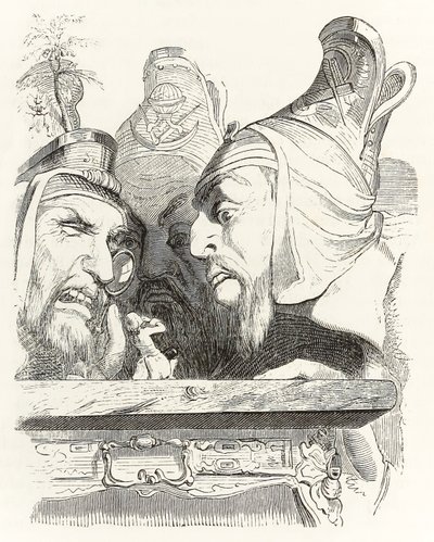 Gulliver inspekteras av invånare i Brobdingnag, från Gullivers Travels av Jonathan Swift av Grandville
