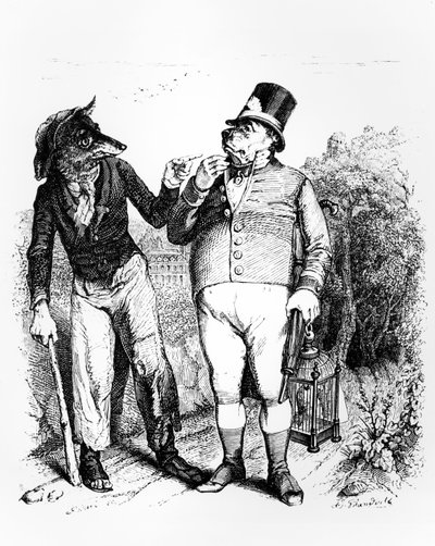Hunden och vargen, illustration till La Fontaines "Fables", utgiven av H. Fournier Aine, 1838 av Grandville