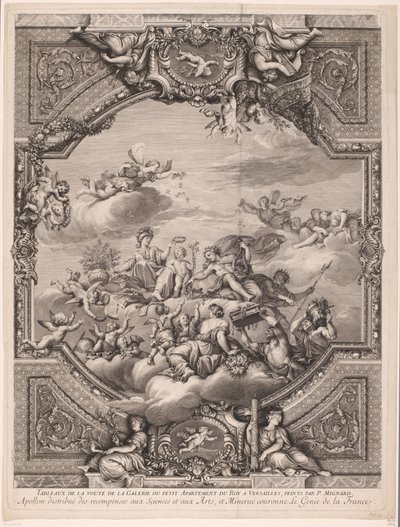 Apollo delar ut belöningar och Minerva kröner Frankrikes geni Apollon distirbuë des recompenses aux Sciences et aux Arts, et Minerve couronne le Genie de la France (titel på objekt) Takmålningar i slottet i Versailles (serietitel) av Gérard Audran