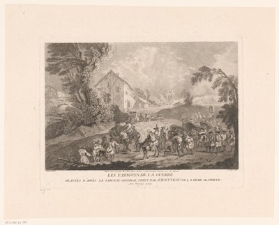Landskap med en grupp soldater som marscherar med Les Fatigues de la Guerre (titel på objekt) Tryck efter Antoine Watteau (serietitel) L