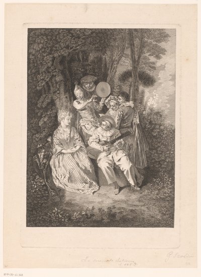 Parklandskap med teaterfigurer som serenade en dam La Serenade Italienne (titel på objekt) Tryck efter Antoine Watteau (serietitel) L