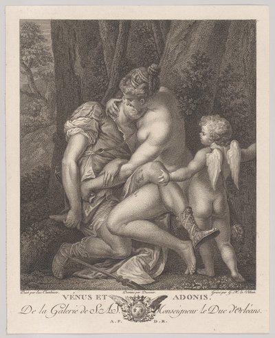 Venus som sörjer Adonis, sitter under ett träd och omfamnar honom, med Amor till höger, c..., ca. 1786. av Gérard René Le Vilain