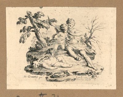 Cupid som har Cupid äta hjärtat av en pojke, som hon har klippt ut av Gravelot