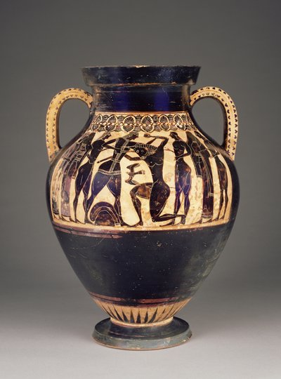 Atensk atisk svartfigurs amfora tillskriven Lydos med Theseus som dödade Minotauren, 550-40 f.Kr. (terrakotta) av Greek