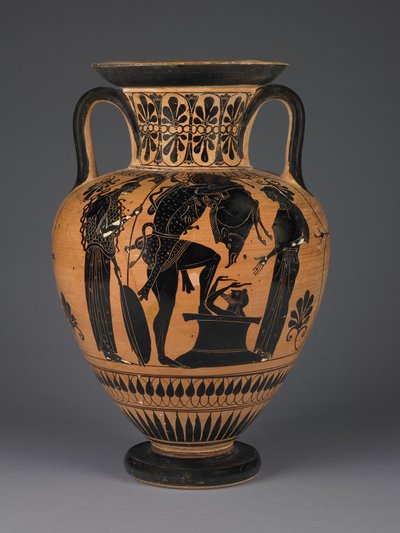 Atensk atisk amfora med svarta figurer med Herakles som bär den erymantiska galten, ca 510 f.Kr. (terrakotta) av Greek