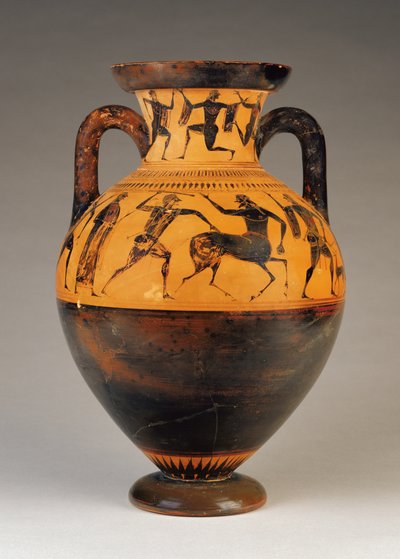 Attisk amfora med svart hals med Herakles som jagar efter en kentaur, ca 530 f.Kr. (terrakotta) av Greek