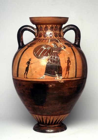 Svart figurvas föreställande Athena med sköld och spjut, 550 f.Kr. (keramik) av Greek