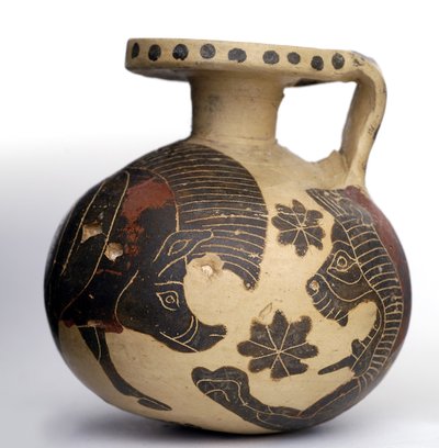 Korintiska svarta sfäriska aryballos föreställande djur, Mellankorintiska perioden (600-575 f.Kr.) (lera) av Greek