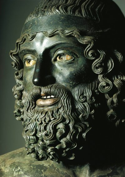 Detalj av huvudet av Staty A eller den yngre av Riace Brons (brons) f.Kr av Greek