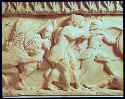 Detalj av nordfrisen i Siphnian Treasury föreställande gudar som kämpar mot jättar, ca 525 f.Kr. marmor av Greek