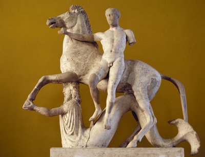 Dioscuro och häst stödd av en Triton, parisk marmor, skulpturell dekoration från västra fasaden av Marasa-distriktets tempel, Locri, Kalabrien, Italien, grekisk civilisation, 500-400-talet f.Kr. av Greek