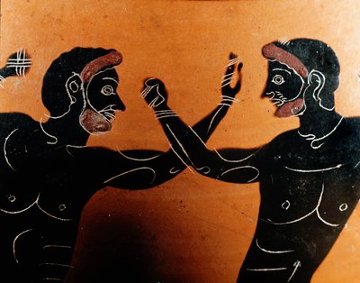 Grekisk konst: Panathenaic Terracotta amphora: detalj som visar ett slag vid pugilat. Vulci Warriors grav. 600-talet f.Kr. Rom, Nationalmuseet Villa Giulia av Greek